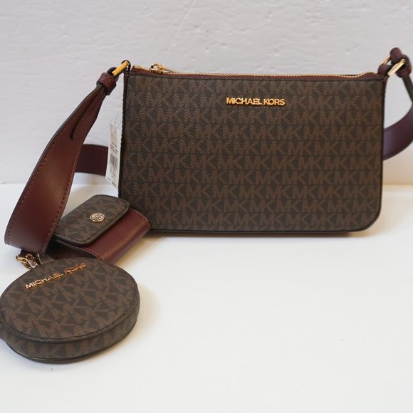 Michael Kors Jet Set Travel Small Crossbody Bag Tech Attached MK Brown Merlot - Picture 2 of 10